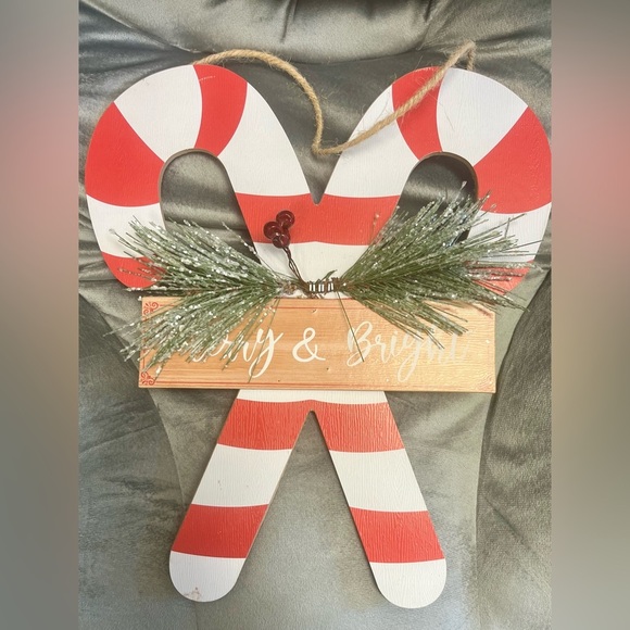 Festive Candy Cane Wall Decor with Greenery - Picture 1 of 4